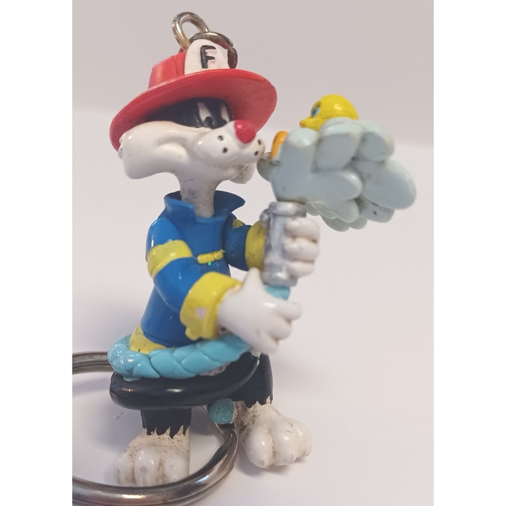 Vintage 1990s Matrix Looney Tunes Fireman Sylvester Tweety Mini Keychain Figure
